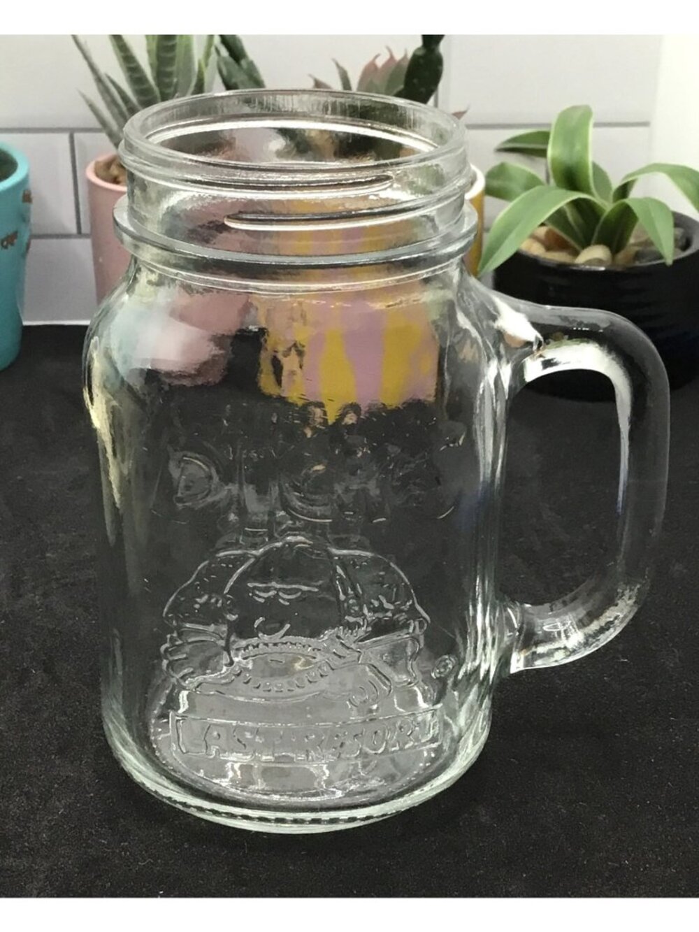 Dicks Last Resort Clear Glass Mason Jar Mug With Handle & Embossed Design